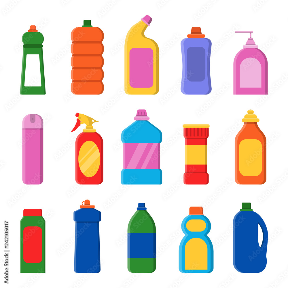 Detergent bottles. Cleaning products container household items laundry service vector flat illustrations. Detergent bottle container isolated for hygiene and household Detergent bottles. Cleaning products container household items laundry service vector flat illustrations. Detergent bottle container isolated for hygiene and household