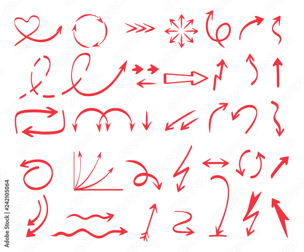 Curves arrows shapes. Pen drawing colored arrows direction vector collection isolated on white. Illustration of pen arrow, curve line doodle Curves arrows shapes. Pen drawing colored arrows direction vector collection isolated on white. Illustration of pen arrow, curve line doodle