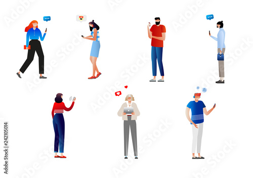 Group of male and female cartoon characters with mobile phones and tablet. Young men and women holding smartphones and texting, talking, listening to music. Vector illustration, characters design.