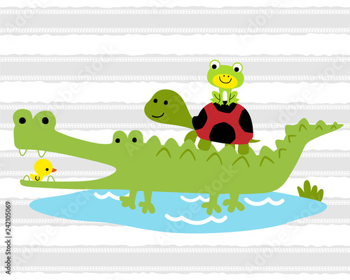 Funny crocodile cartoon with little friends