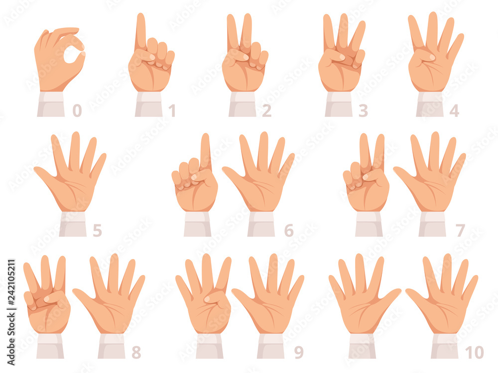 Hands gesture numbers. Human palm and fingers show different numbers vector cartoon illustration. Gesture human hand, gesturing different numbers Hands gesture numbers. Human palm and fingers show different numbers vector cartoon illustration. Gesture human hand, gesturing different numbers