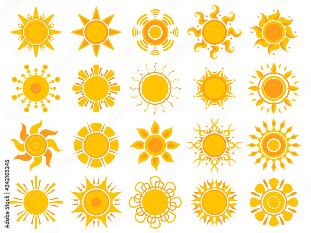 Yellow sun icon. Orange weather sunshine summer vector abstract symbols isolated. Illustration of sun summer, shine warm, sunlight bright, sunbeam solar Yellow sun icon. Orange weather sunshine summer vector abstract symbols isolated. Illustration of sun summer, shine warm, sunlight bright, sunbeam solar