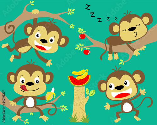 Vector set of funny monkey in the jungle