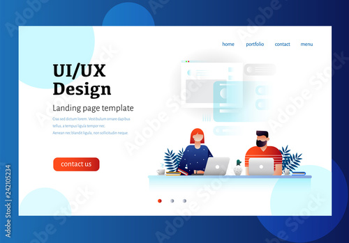 UX / UI design concept with character and text place. Can use for web banner, infographics, hero images. Flat isometric vector illustration isolated on white background. Teamwork, website development.