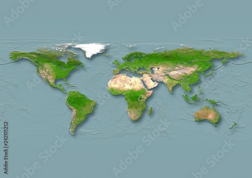 2D illustration of the map of the world in relief depiction with europe in the centre, versions including borders and meridians photo