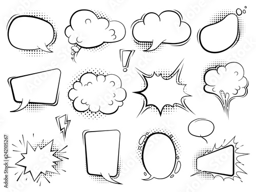 Comic bubbles. Speech cartoon ballons talk retro vector art with halftone. Bubble speech for communication of collection illustration