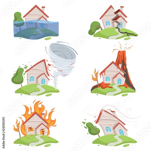 Nature disaster. Mountain ice tsunami volcano lava water twister destruction vector cartoon scene. Destruction and disaster, lava of volcano and fire house illustration