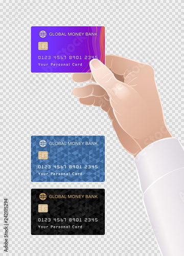 A Payment Card in a Hand. A series of payment cards with various designs and one of them is held by hand of a male person. Vector graphics composed against a checkered background.