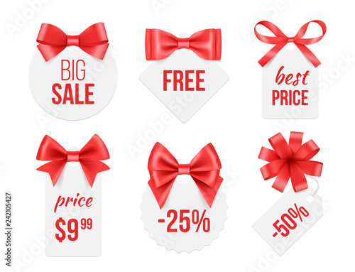 Tags with ribbons. Promo badges with red and golden satin silk bows advertizing template for big celebration sales vector pictures. Illustration of ribbon tag badge, silk bow form