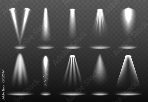 White realistic lights. Shining spotlight projection bright lightning stage vector environment visualization. Illustration of effect ray, beam bright of floodlight