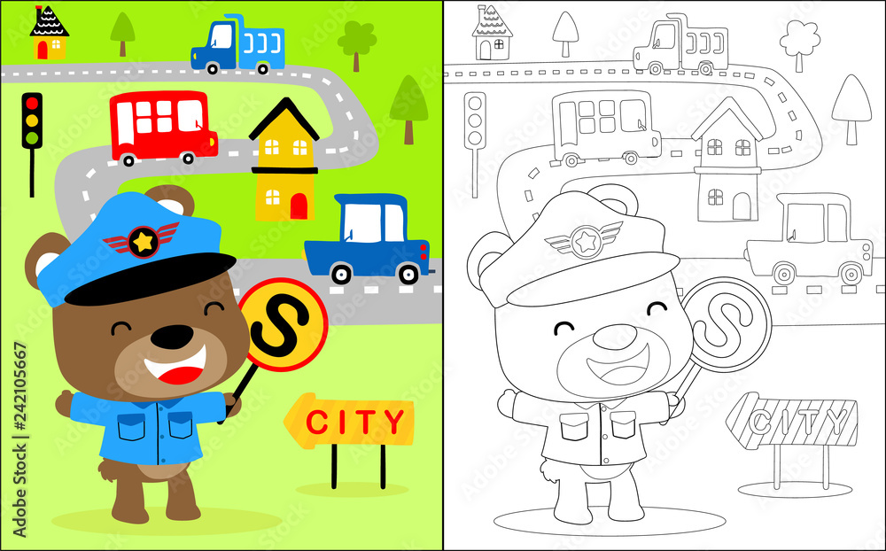 Naklejka premium Vector illustration of coloring book with happy traffic cop cartoon