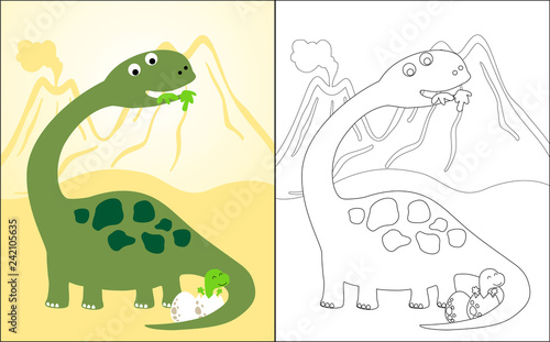 Vector illustration of coloring book with brontosaurus cartoon and his baby