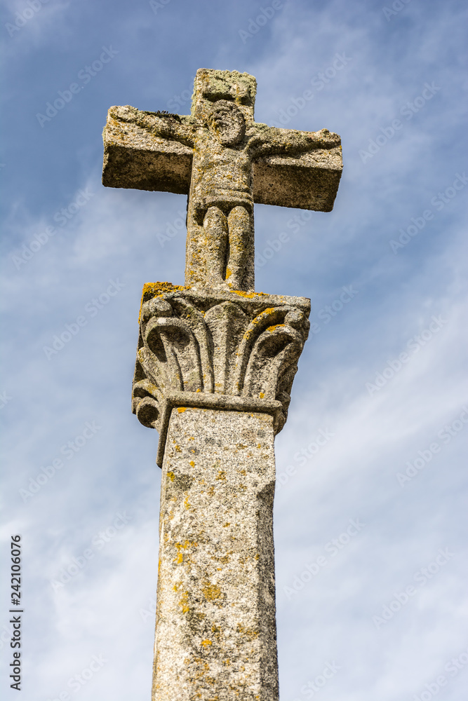 Cross of the 15th or 16th century in Portomarin place of pilgrims on the Way of Saint James in Lugo, French road (Spain)