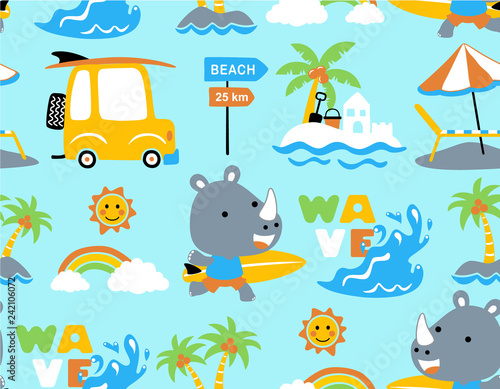 seamless pattern vector of surfing theme set cartoon. rhino the funny surfer.
