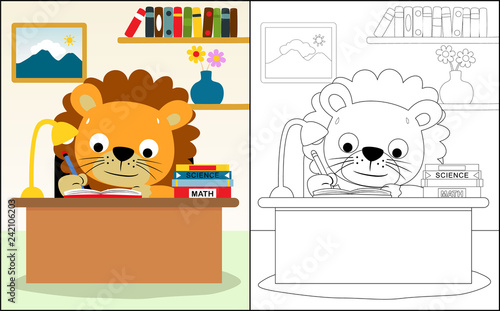 Coloring book or page with cute lion cartoon studying