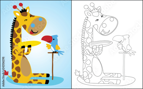 coloring book or page with giraffe cartoon and bird