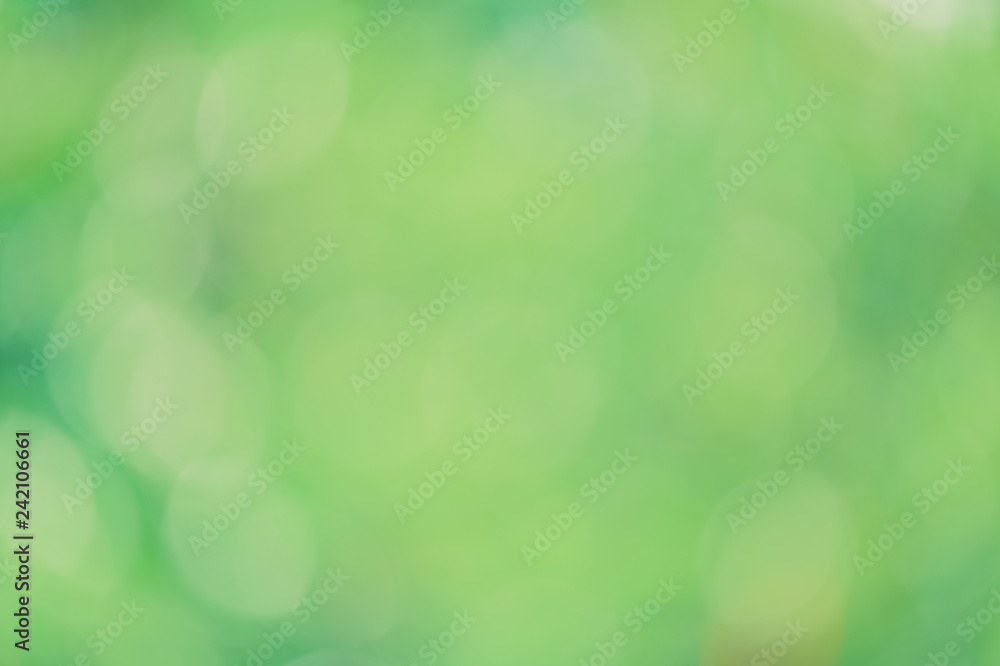 Obraz premium Green bio background, abstract blurred foliage bright sunlight. Organic design nature abstract background with copyspace for text advertising design. Green abstract light background and bokeh effect