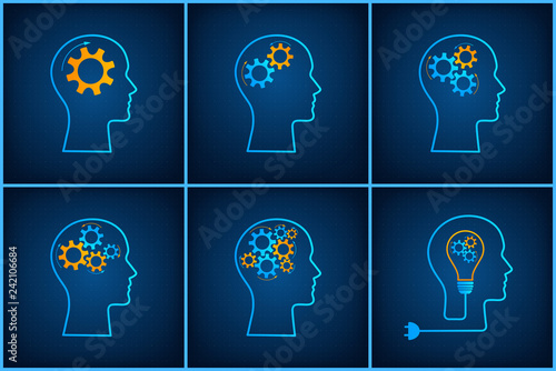 Head silhouette lightbulb inspiration concept set vector illustration. Creative graphic collection with head profile, gear machine and light bulb. Blue human silhouette technology background concept.