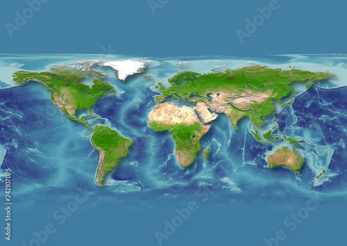 2D illustration of the map of the world in relief depiction with europe in the centre, versions including borders and meridians photo