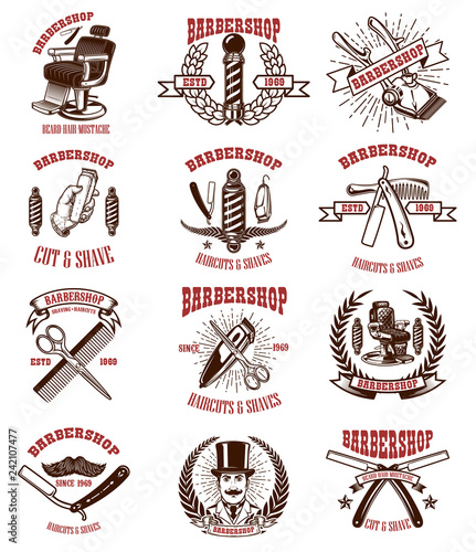 Set of vintage barber shop emblems, badges and design elements.  for logo, label, sign.