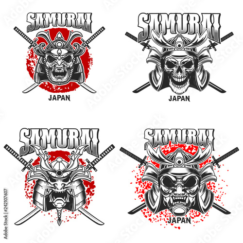 Emblem template with samurai helmet and crossed katanas on grunge background. Design element for logo, label, sign, poster, t shirt.