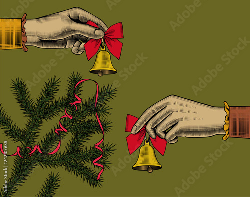 Female hands holding retro bells with red bows. Vintage engraving stylized drawing. Vector illustration