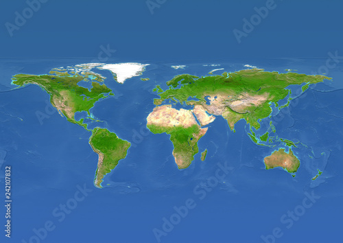2D illustration of the map of the world in relief depiction with europe in the centre, versions including borders and meridians
