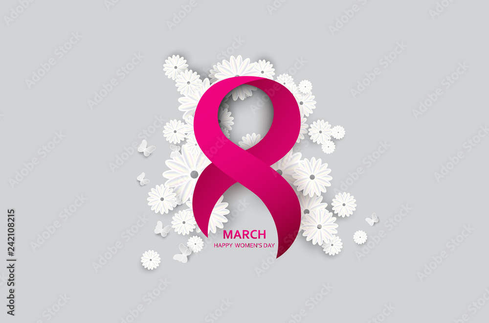 Fototapeta premium 8 March. Happy Mother's Day. Paper cut Butterfly with flower holiday background - Vector