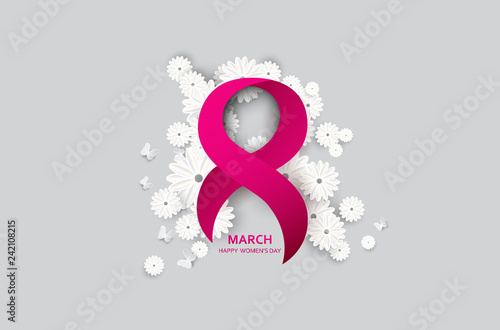 8 March. Happy Mother's Day. Paper cut Butterfly with flower holiday background - Vector