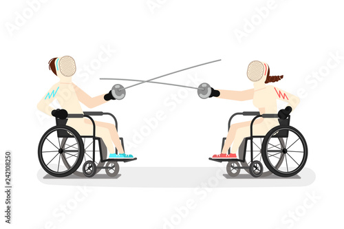 Disabled young woman and man fencing 