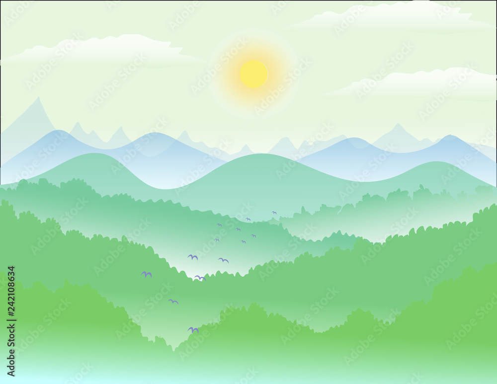 Landscape, fog mountains and forests vector