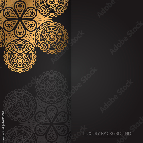 Gold vintage greeting card on a black background. Luxury vector ornament template. Mandala. Great for invitation,