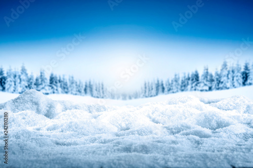 Table background of snow flakes and free space for your decoration 