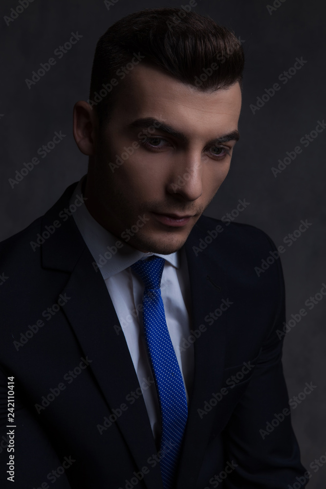 portrait of handsome businessman wearing navy suit and blue tie portrait of handsome businessman wearing navy suit and blue tie