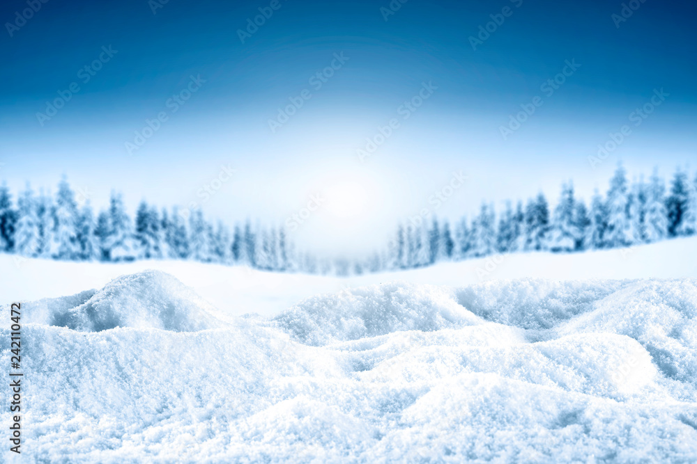 Fototapeta Table background of snow flakes and free space for your decoration