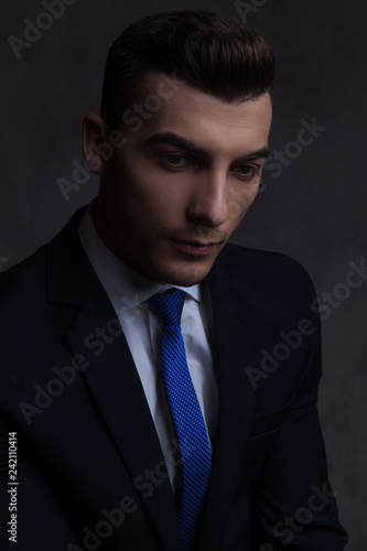 portrait of handsome businessman wearing navy suit and blue tie