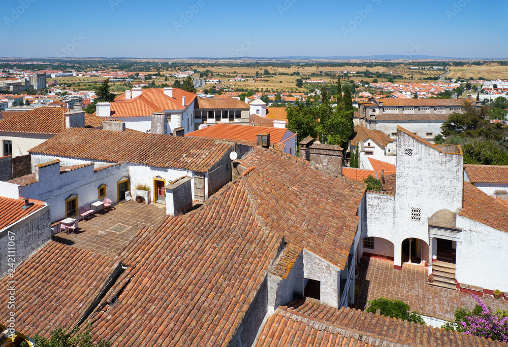 The view of city residential houses surrounding the Cathedral (Se) of Evora. Portugal
