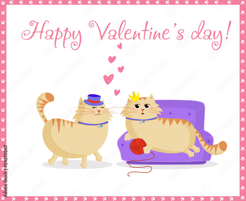 Happy valentines day greeting card with cute cartoon cats boy and girl in love.