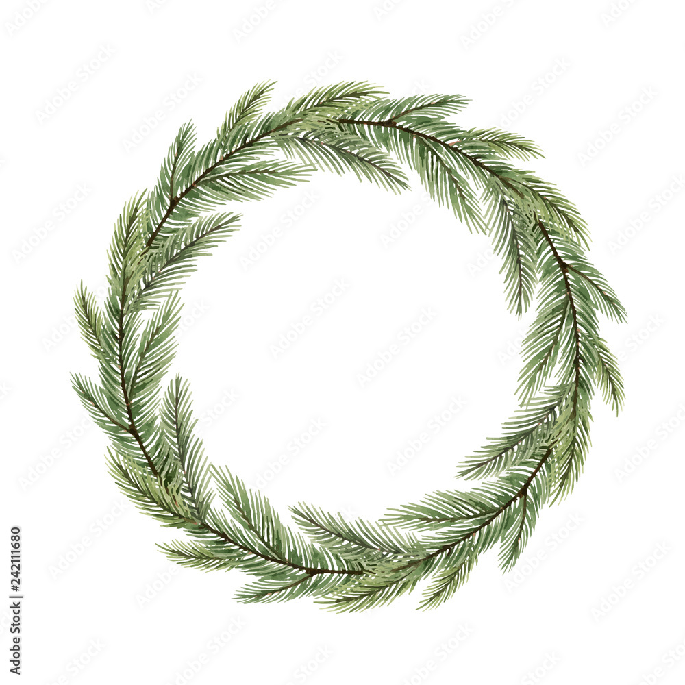 Watercolor vector Christmas wreath with a red bow and fir branches.