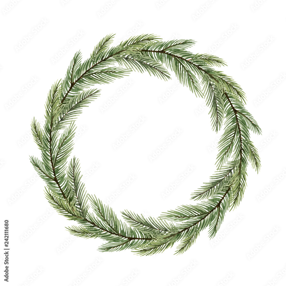 Watercolor vector Christmas wreath with a red bow and fir branches ...