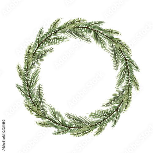 Watercolor vector Christmas wreath with a red bow and fir branches.