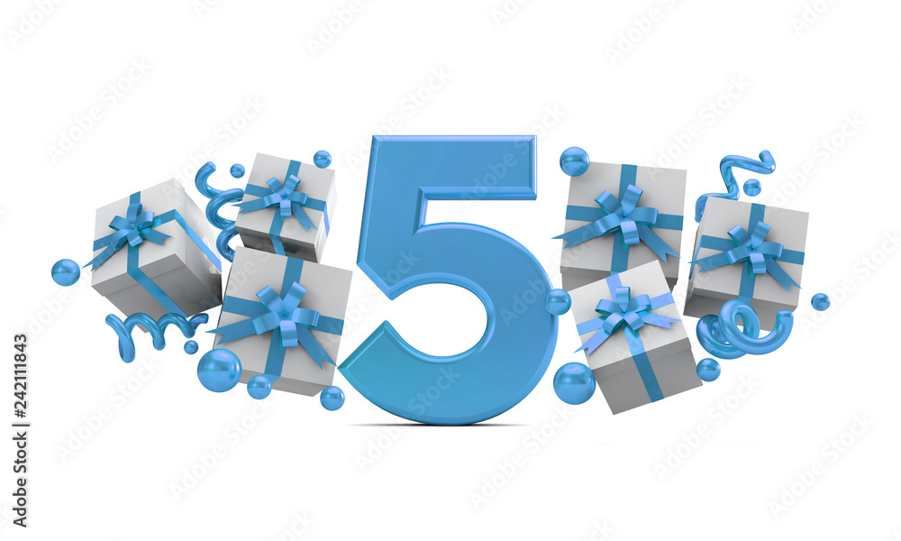 Obraz premium Number 5 blue birthday celebration number with gift boxes. 3D Rendering
