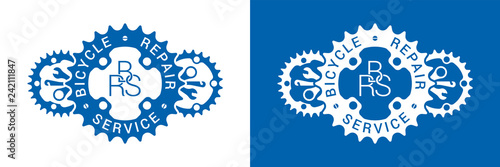 Bicycle repair service logo design with chainring and bike tool silhouettes isolated on white and blue backgrounds.