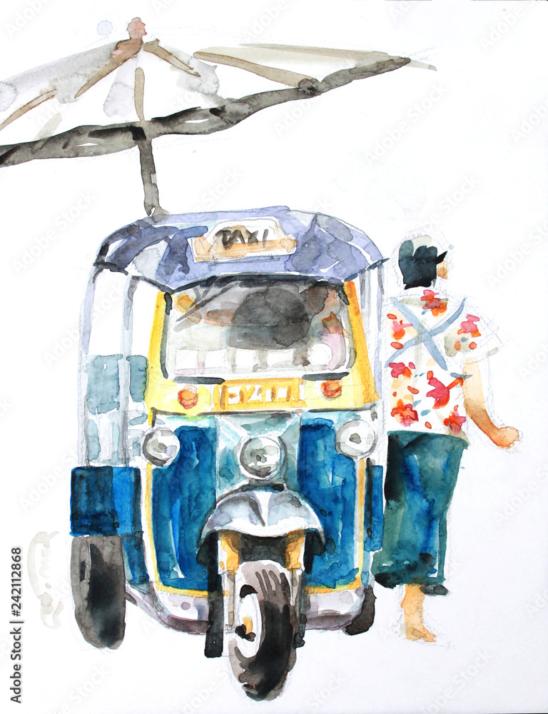 water color paiting illustration on canvas - Thai taxi - tuk tuk with man