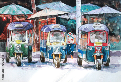 water color paiting illustration on canvas - Thai taxi - tuk tuk