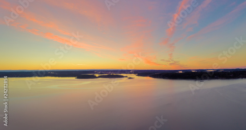 Aerial view at sunrise over Hakefjorden on the Swedish west coast