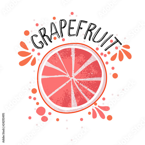 Vector hand draw grapefruit illustration. Half and slice of grapefruits with juice splashes isolated on white background. Textured pink, red citrus sketch, juice citrus fruit with word Grapefruit on