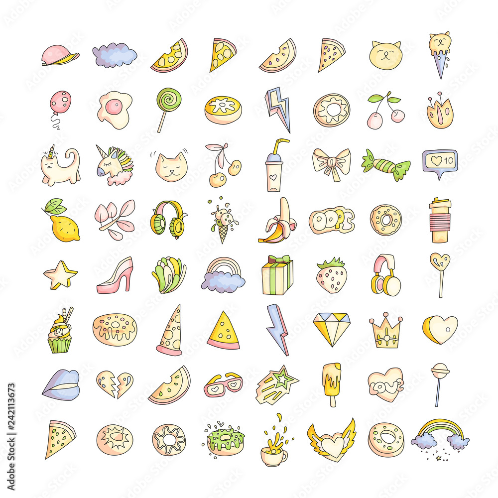 Cute funny Girl teenager colored icon set, fashion cute teen and princess icons - pizza, unicorn, cat, lollypop, fruits and other hand draw line teens icon collection. Magic fun cute girls objects