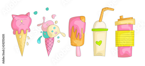 Cute funny Girl teenager colored icon set, fashion cute teen and princess icons. Magic fun cute girls objects - ice cream, cocktails and lollipops hand draw teens icon collection.