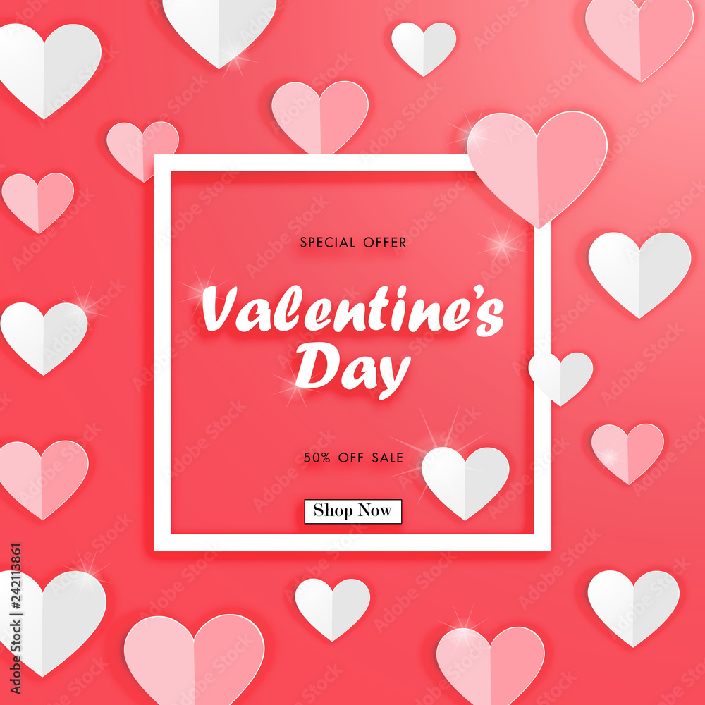 Valentine's day sale background with paper art of origami heart shape, vector illustration template, banners, Wallpaper, invitation, posters, brochure, voucher discount.